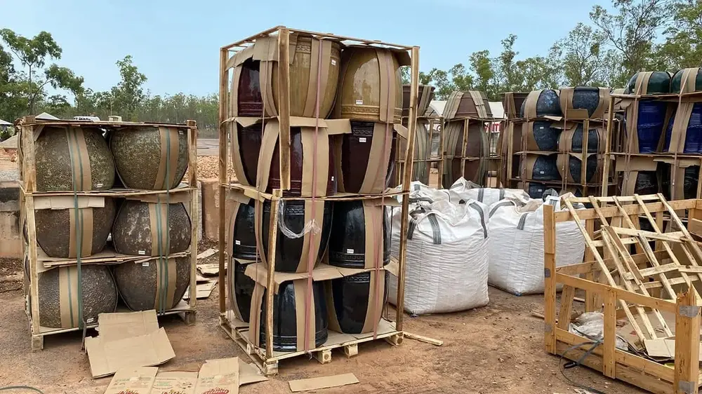 Crated large garden pots ready for display or transport