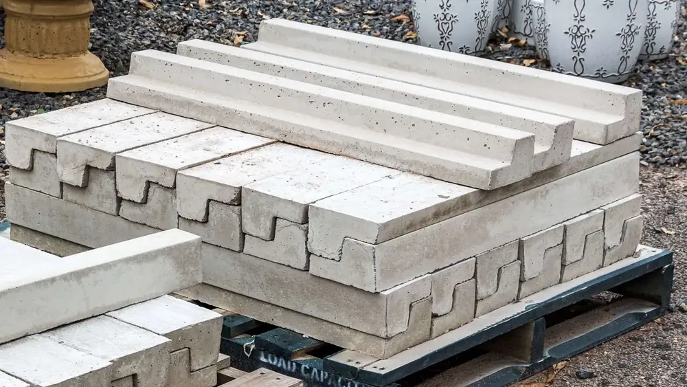 Concrete retaining products stacked on pallets