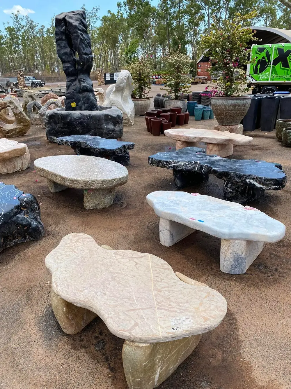 Natural stone garden benches and decorative features