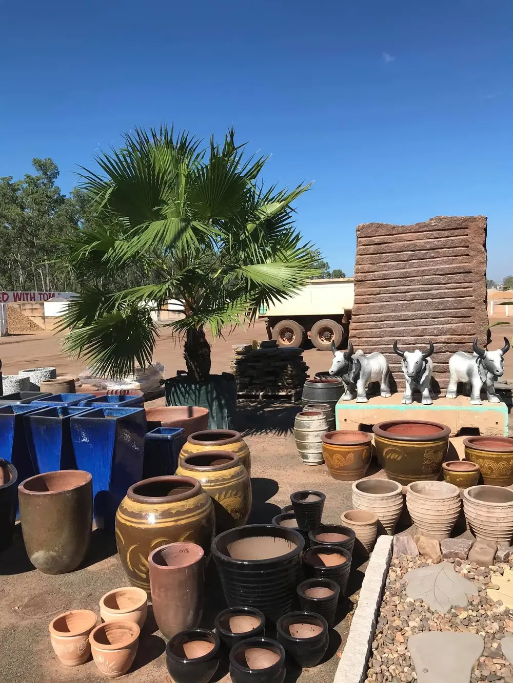 Garden pots and tropical greenery in the Finlay's Stone yard