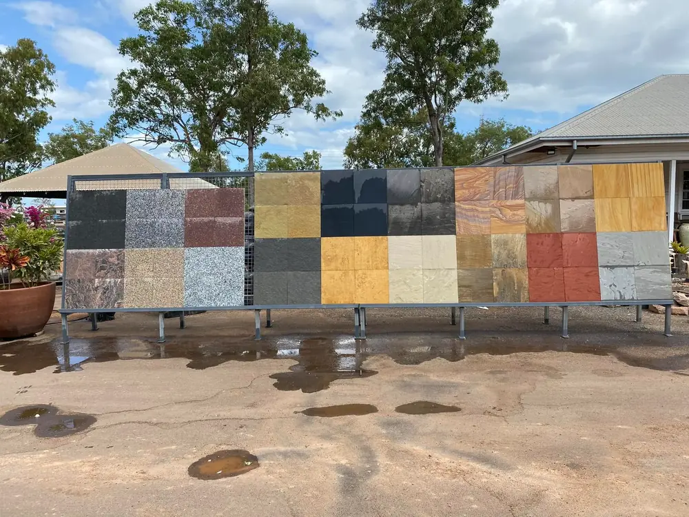 Wide display of paver samples in multiple stone colours